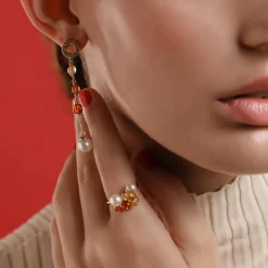 Majorica Anillo Algaida Dorado Con Cristal De Murano Ambar| Anillos Medianos