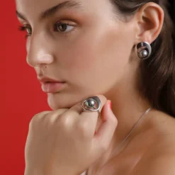 Majorica Anillo Con Perla Gris Petra En Acero| Anillos Grandes