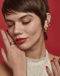 Majorica Anillo Dorado Feme Con Perla Blanca Y Agata Verde| Anillos Medianos