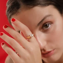 Majorica Anillo Nuada Dorado Con Perla Blanca 7Mm| Anillo Solitario