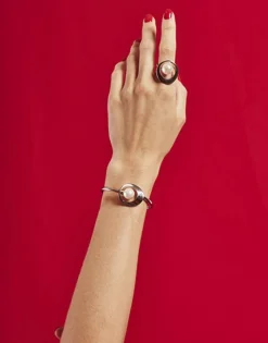 Majorica Anillo Petra De Acero Y Con Perla Redonda Blanca| Anillos Grandes