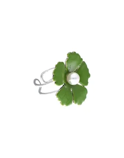 Majorica Anillo Santorini Flor Verde Olivo Pequena En Plata| Anillos Medianos