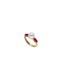 Majorica Anillo Selene Dorado Con Perla Y Circonitas Rojo Rubi| Anillos Medianos