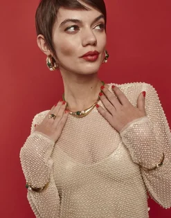 Majorica Brazalete Rigido Ancho Feme Con Perlas Y Agatas Verdes| Brazaletes Rígidos