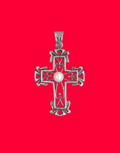 Majorica Colgante Cruz Medieval En Plata Con Perla Redonda| Colgante Cadena