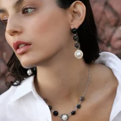 Majorica Collar Algaida Plata Con Perla Media Bola Y Cristal De Murano Negro| Cadenas Con Perlas