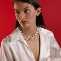 Majorica Collar De Perlas De Tres Vueltas Luna En Plata| Collares De Perlas Largos