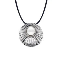 Majorica Collar Le Palm En Acero Con Perla Blanca Y Cordon De Seda Azul| Colgantes Con Cadena