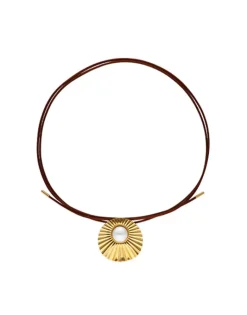Majorica Collar Le Palm En Acero Dorado Con Perla Blanca Y Cordon De Seda Marron| Colgantes Con Cadena