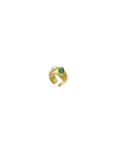 Majorica Earcuff Dorado Feme Con Perla Blanca Y Agata Verde| Pendientes Ear Cuff