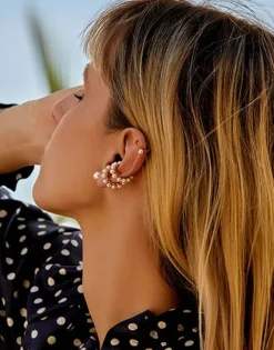 Majorica Pendiente Earcuff Kea Dorado Con Perlas Redondas| Pendientes Ear Cuff