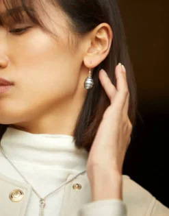 Majorica Pendientes Agora Plata Con Perla Barroca Gris 12Mm| Pendientes De Perlas Largos