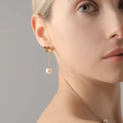 Majorica Pendientes Ayanti Plata Dorados Trebol Y Perlas| Pendientes De Perlas Largos