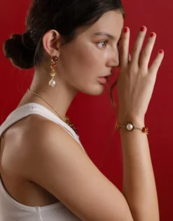 Majorica Pendientes Botón Dorados Algaida Con Cristales De Murano Ambar| Pendientes De Perlas Largos