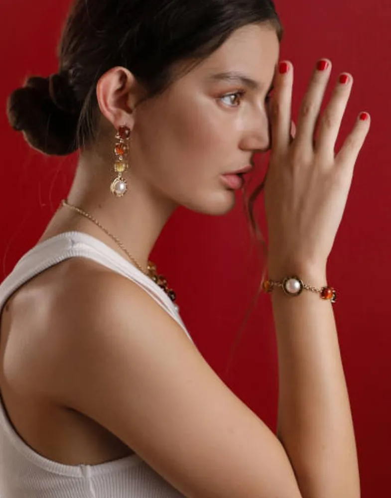 Majorica Pendientes Botón Dorados Algaida Con Cristales De Murano Ambar| Pendientes De Perlas Largos