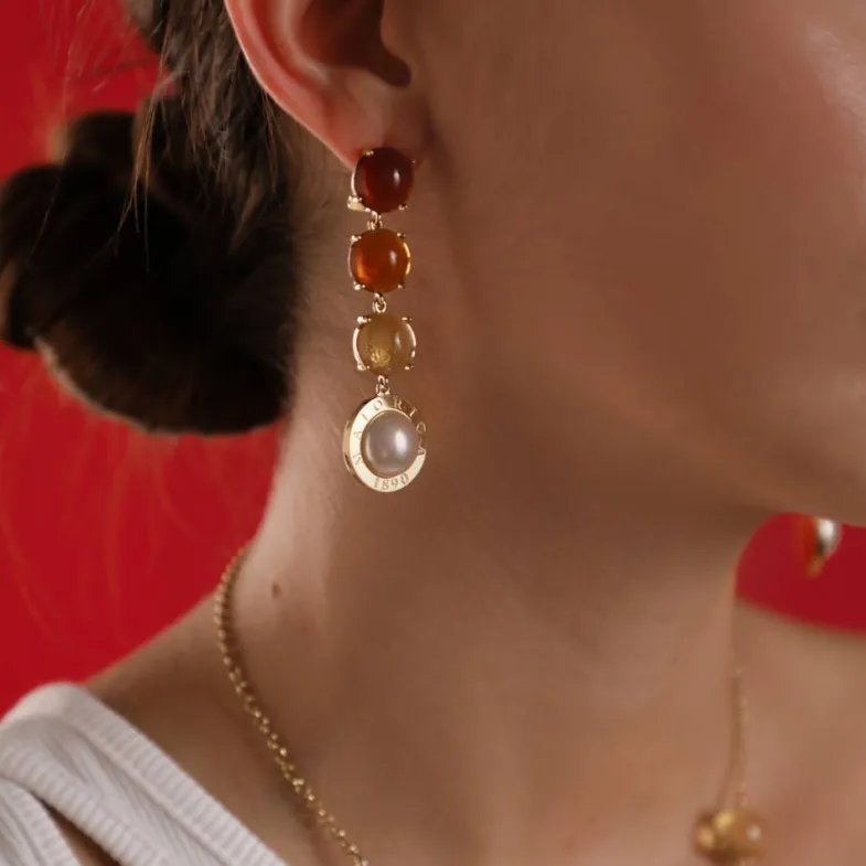 Majorica Pendientes Botón Dorados Algaida Con Cristales De Murano Ambar| Pendientes De Perlas Largos