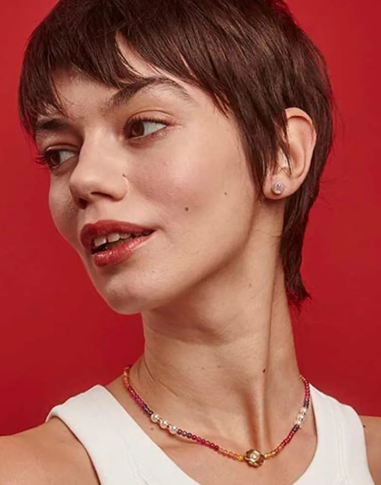 Majorica Pendientes Color Pop De Perla Redonda Blanca Y Circonita Magenta| Pendientes De Botón