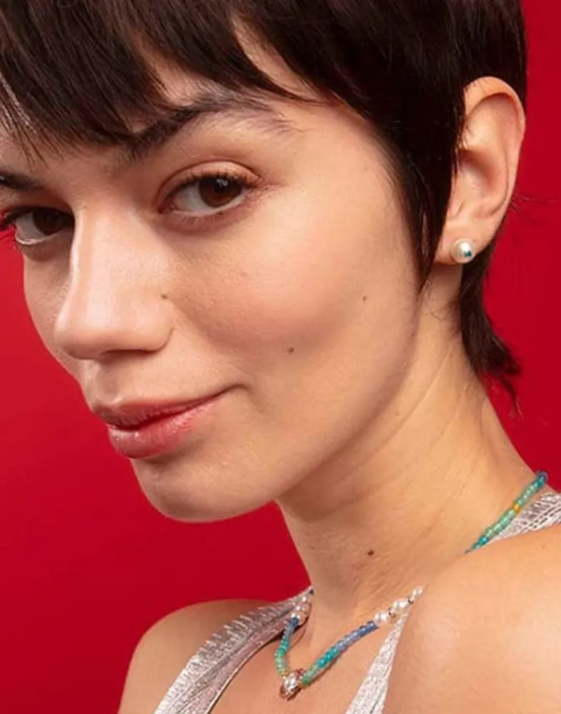 Majorica Pendientes Color Pop De Perla Redonda Blanca Y Circonita Azul| Pendientes De Botón