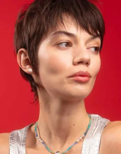 Majorica Pendientes Color Pop De Perla Redonda Blanca Y Circonita Azul| Pendientes De Botón