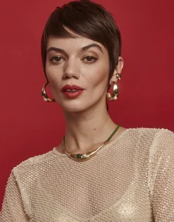 Majorica Pendientes De Aro Grandes Feme Dorados Con Perlas Y Agatas Verdes| Pendientes De Aro Con Perlas