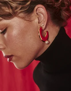 Majorica Pendientes De Aro Grandes Juno En Acero Dorado Y Perla| Pendientes De Aro Con Perlas