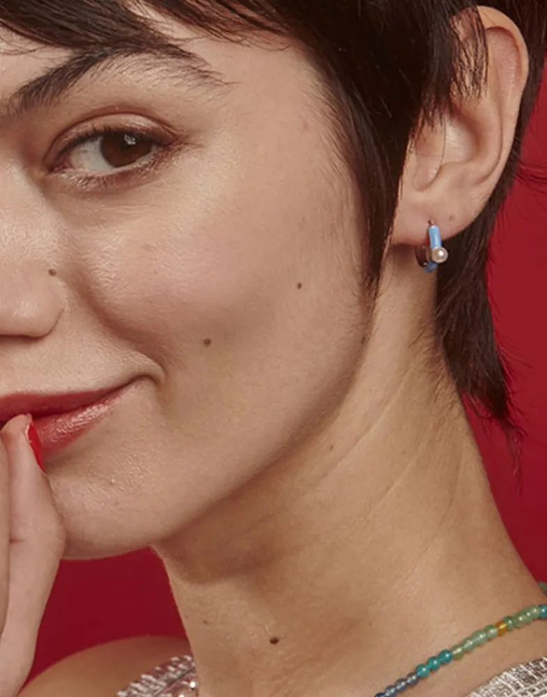 Majorica Pendientes De Aro Mini Azul Color Pop Con Perla 4 Mm| Pendientes De Aro Con Perlas