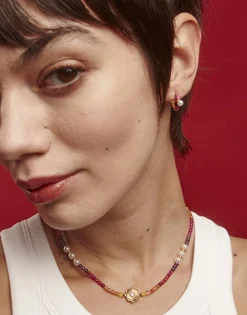 Majorica Pendientes De Aro Mini Magenta Color Pop Con Perla 4 Mm| Pendientes De Aro Con Perlas