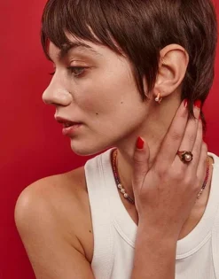 Majorica Pendientes De Aro Mini Naranja Color Pop Con Perla 4 Mm| Pendientes De Aro Con Perlas