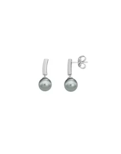 Majorica Pendientes Espiga Plata Con Perla Gris 8Mm| Pendientes De Perlas Largos