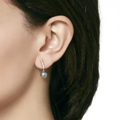 Majorica Pendientes Espiga Plata Con Perla Gris 8Mm| Pendientes De Perlas Largos