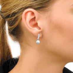 Majorica Pendientes Espiga Plata Con Perla Blanca 8Mm| Pendientes De Perlas Largos