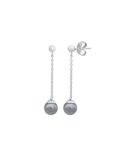 Majorica Pendientes Ilusion Plata Con Perla Gris 8Mm| Pendientes De Perlas Largos