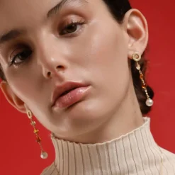 Majorica Pendientes Largos Algaida Dorados Con Perla Y Cristales De Murano En Ambar| Pendientes De Perlas Largos