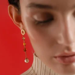 Majorica Pendientes Largos Algaida Dorados Con Perla Y Cristales De Murano En Ambar| Pendientes De Perlas Largos