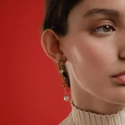 Majorica Pendientes Largos Algaida Dorados Con Perla Y Cristales De Murano En Ambar| Pendientes De Perlas Largos