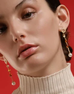 Majorica Pendientes Largos Algaida Dorados Con Perla Y Cristales De Murano En Ambar| Pendientes De Perlas Largos