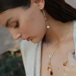 Majorica Pendientes Largos Algaida Dorados Ambar Con Gancho| Pendientes De Perlas Largos