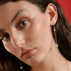 Majorica Pendientes Largos Algaida Dorados Ambar Con Gancho| Pendientes De Perlas Largos