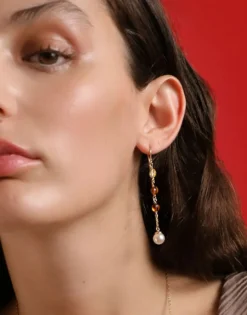 Majorica Pendientes Largos Algaida Dorados Ambar Con Gancho| Pendientes De Perlas Largos