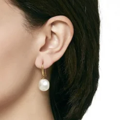 Majorica Pendientes Lyra Dorados Con Perla Oval Blanca 12Mm| Pendientes De Perlas Largos