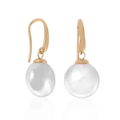 Majorica Pendientes Lyra Dorados Con Perla Oval Blanca 12Mm| Pendientes De Perlas Largos