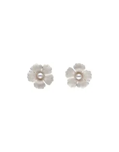 Majorica Pendientes Novia Santorini Bianco Flor Grande Nacarada Con Perlas| Pendientes Cortos