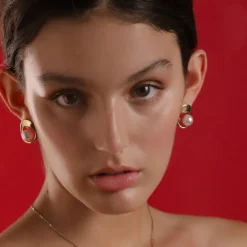 Majorica Pendientes Petra En Acero Dorado| Pendientes Cortos