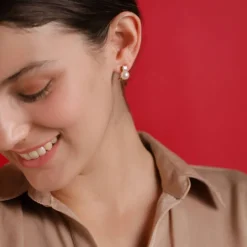 Majorica Pendientes Selene Dorados Perla Blanca 8Mm Y Circonitas| Pendientes Tú & Yo