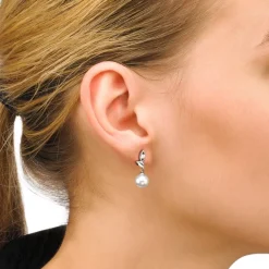 Majorica Pendientes Selene Plata Con Perla Blanca 8Mm Y Circonitas| Pendientes Cortos