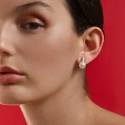 Majorica Pendientes Selene Plata Perla Blanca 9Mm Y Circonitas| Pendientes Tú & Yo