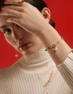 Majorica Pulsera Dorada Algaida Con Perlas Redondas Y Cristales De Murano Ambar| Pulseras Encadenadas