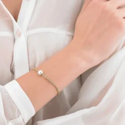 Majorica Pulsera Encadenada Nuada En Acero Dorado Y Perla Blanca| Pulseras Encadenadas