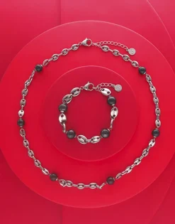 Majorica Pulsera Encadenada Sailor En Acero Y Perlas Negras| Pulseras Encadenadas