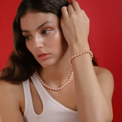 Majorica Pulsera Lyra Plata Con Perlas Rosas 6Mm| Pulseras Plata